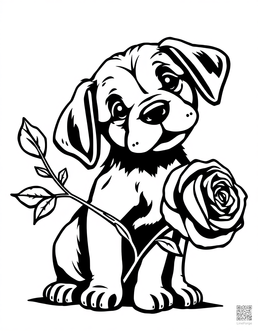 valentines day puppy with a rose coloring page Woodcut style - free printable
