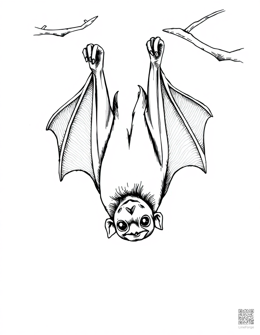 vampire bat hanging upside down coloring page Crosshatch style - free printable