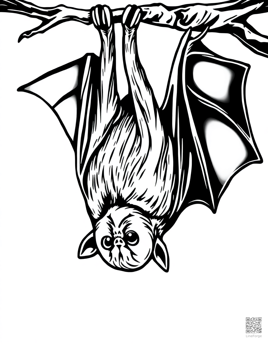 vampire bat hanging upside down coloring page Woodcut style - free printable