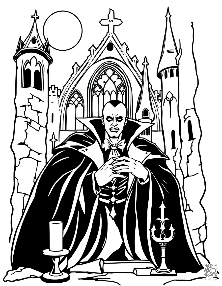 vampire in a dark gothic castle coloring page Contour style - free printable