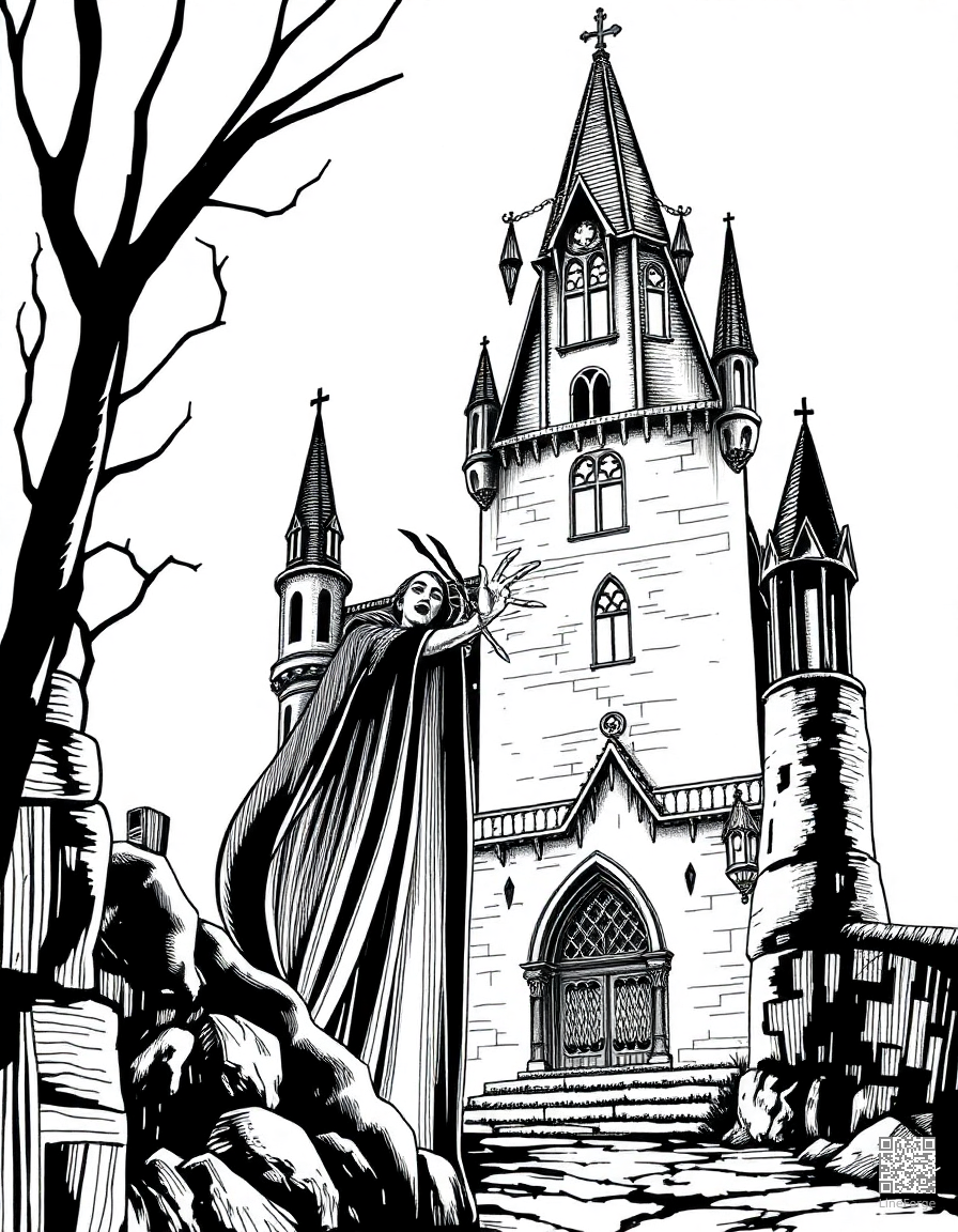 vampire in a dark gothic castle coloring page Crosshatch style - free printable