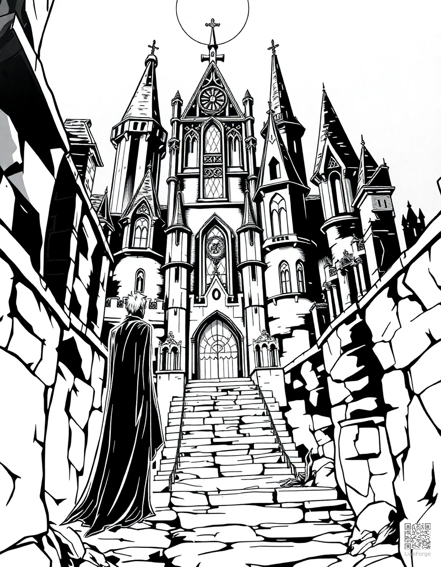vampire in a dark gothic castle coloring page Manga style - free printable