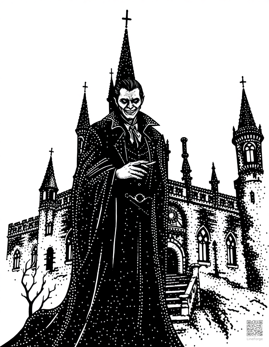 vampire in a dark gothic castle coloring page Stipple style - free printable