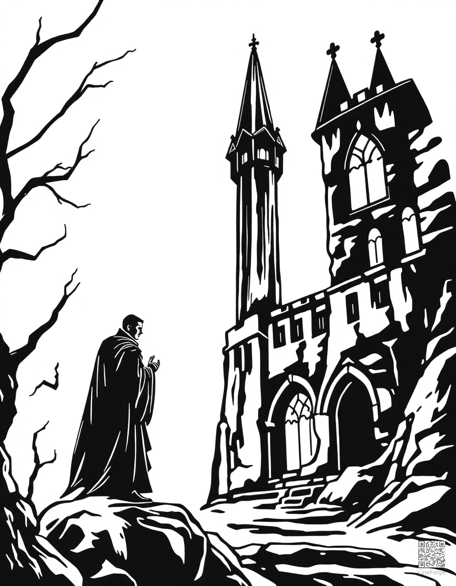 vampire in a dark gothic castle coloring page Woodcut style - free printable