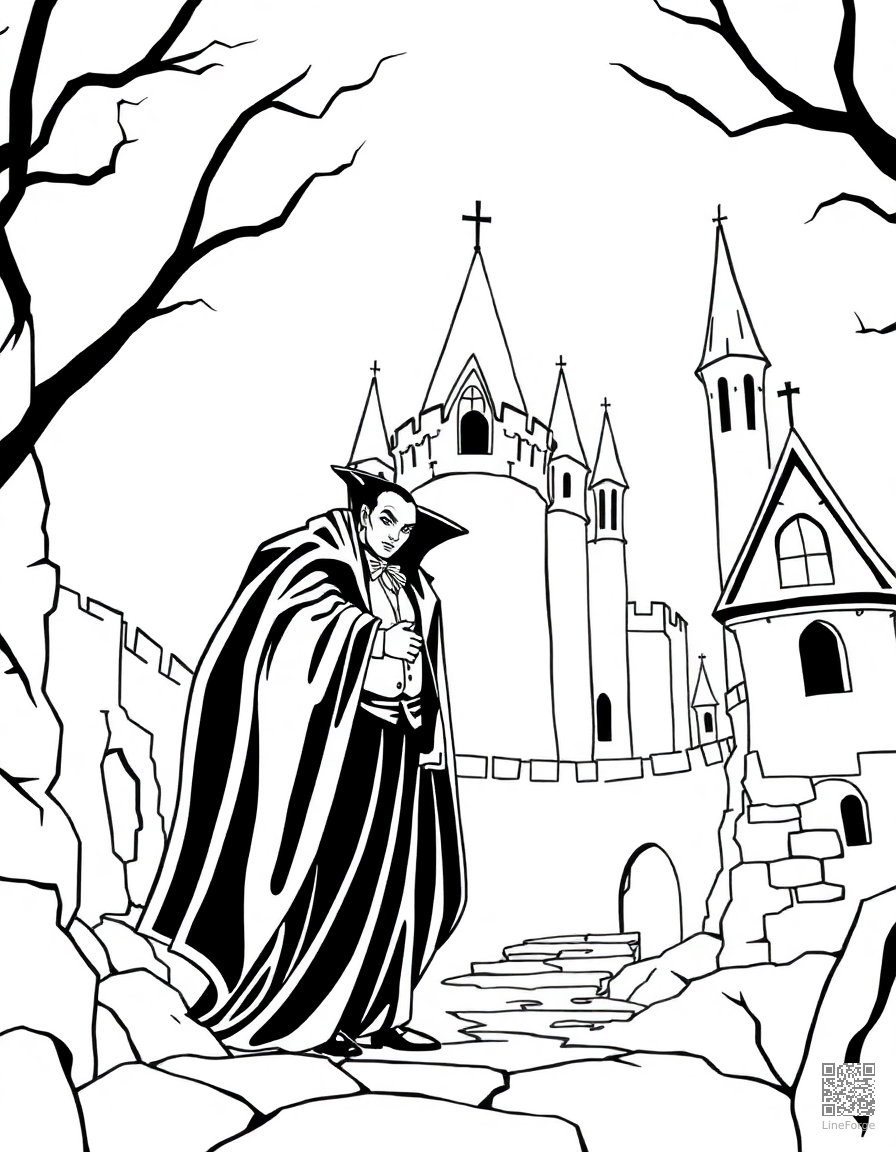Vampire in a gothic castle coloring page Contour style - free printable