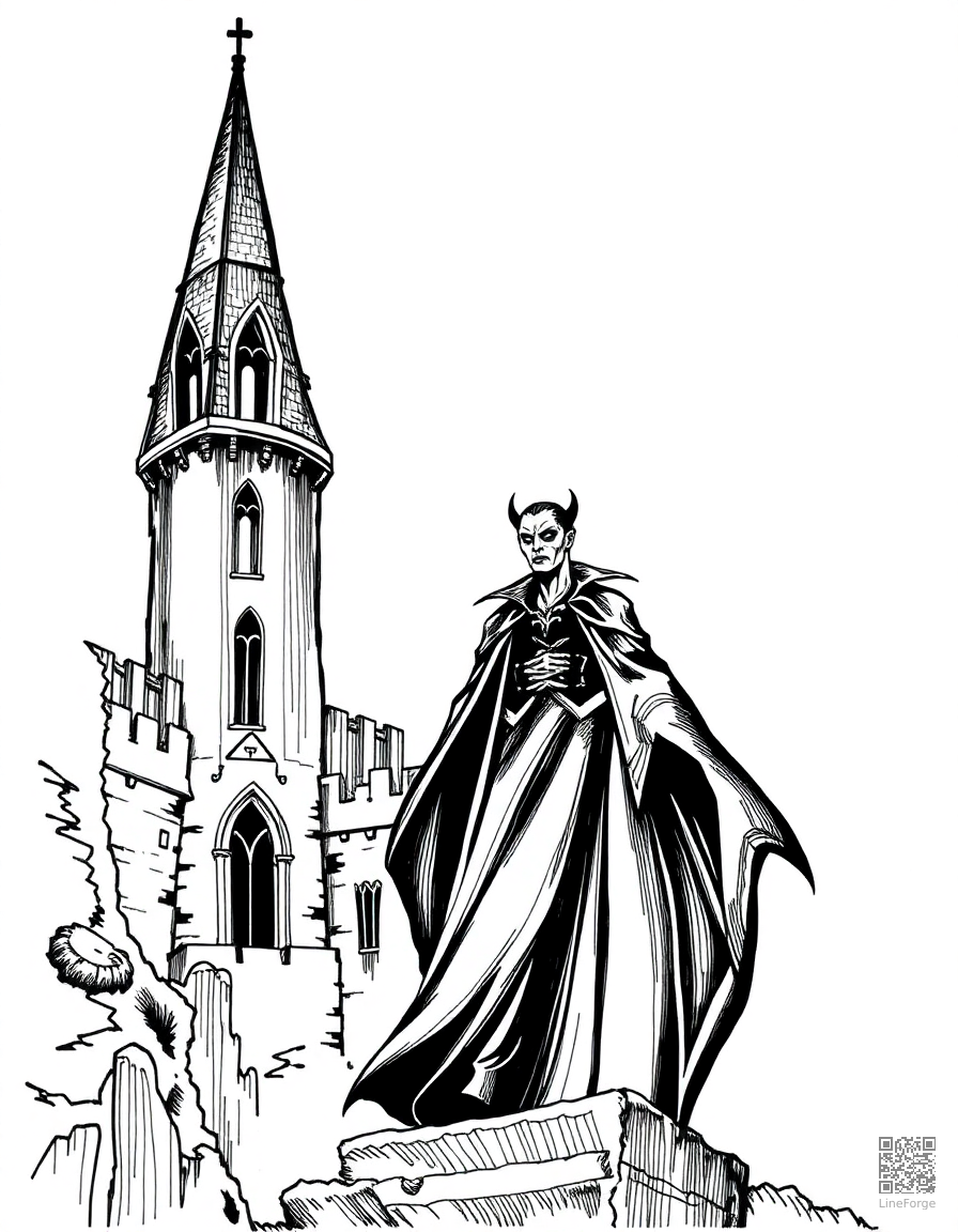 Vampire in a gothic castle coloring page Crosshatch style - free printable