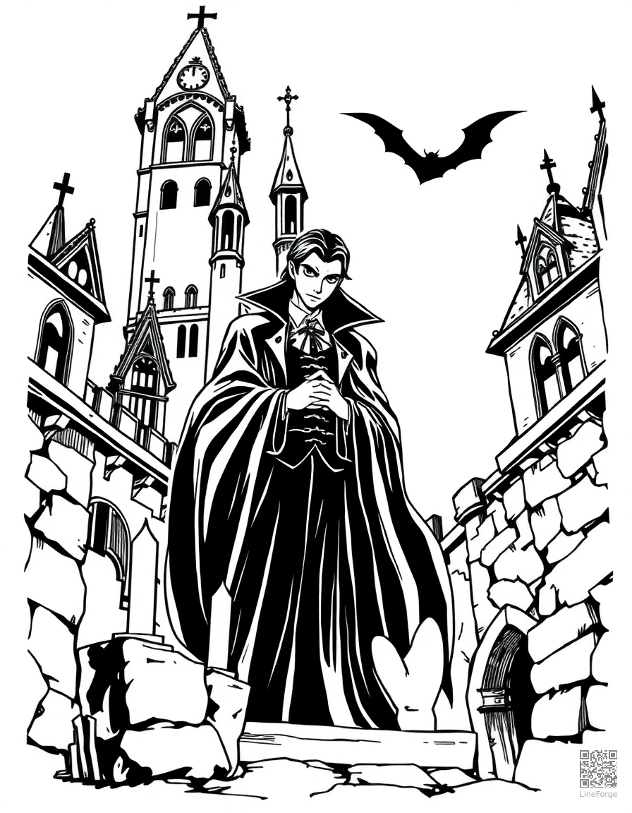 Vampire in a gothic castle coloring page Manga style - free printable