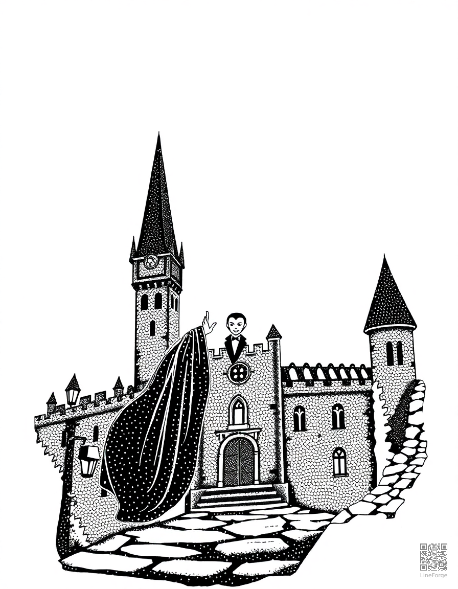 Vampire in a gothic castle coloring page Stipple style - free printable