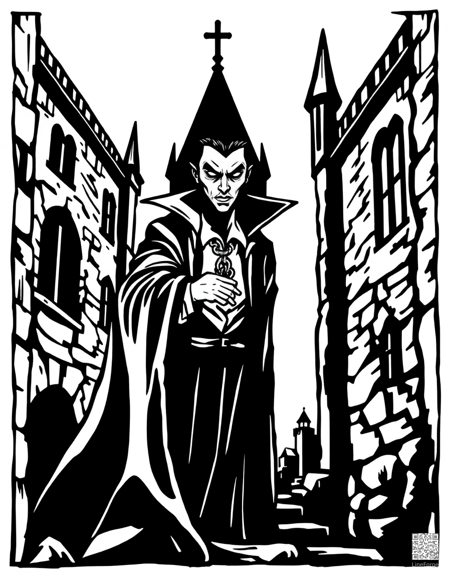 Vampire in a gothic castle coloring page Woodcut style - free printable