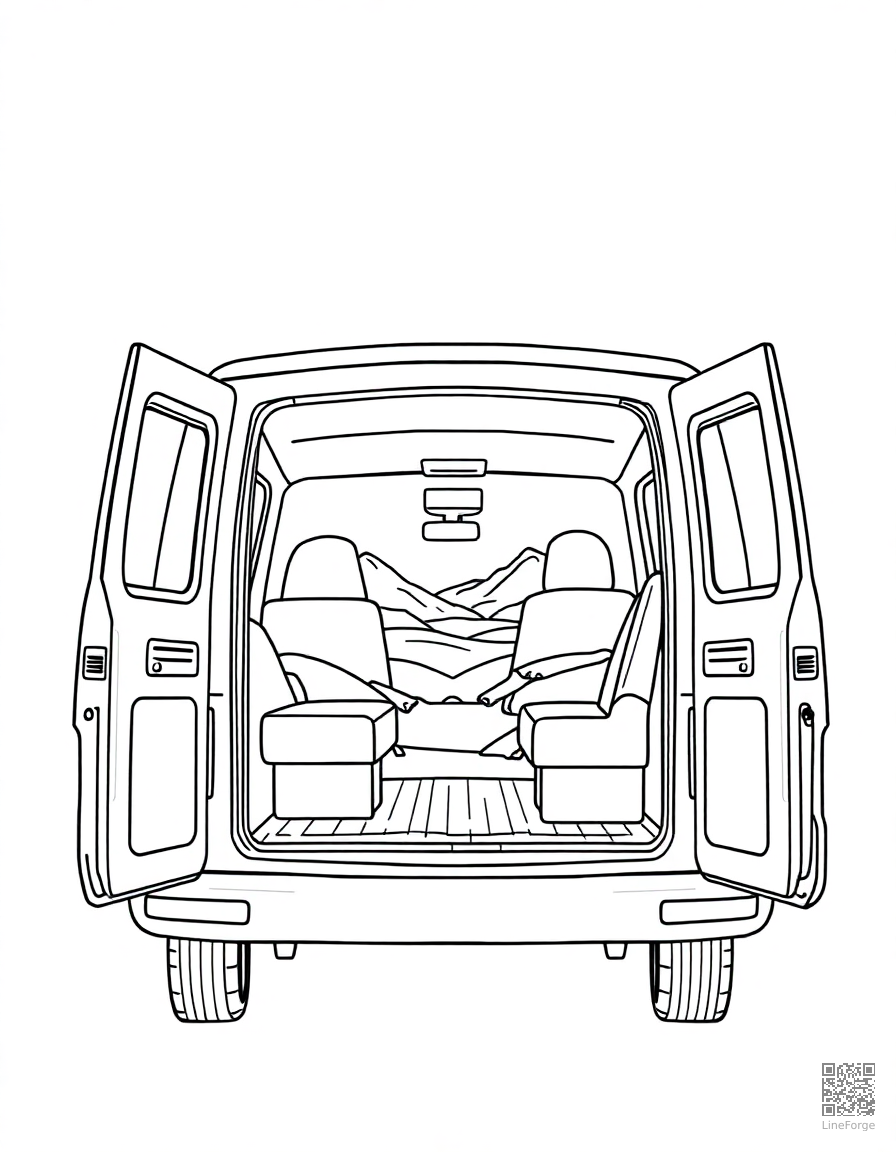 van life scene with open van doors and view coloring page Contour style - free printable