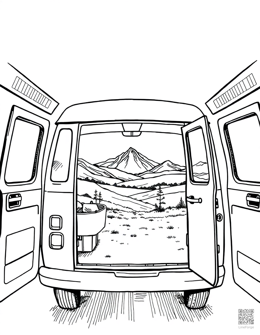 Free van life scene with open van doors and view coloring page in crosshatch style — printable line art