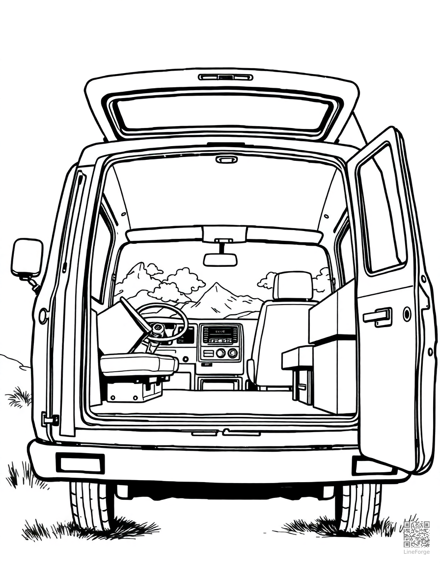 van life scene with open van doors and view coloring page Manga style - free printable