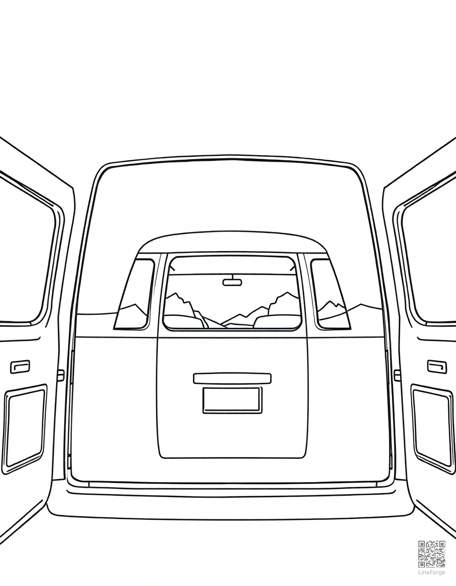 Free van life scene with open van doors and view coloring page in minimal style — printable line art