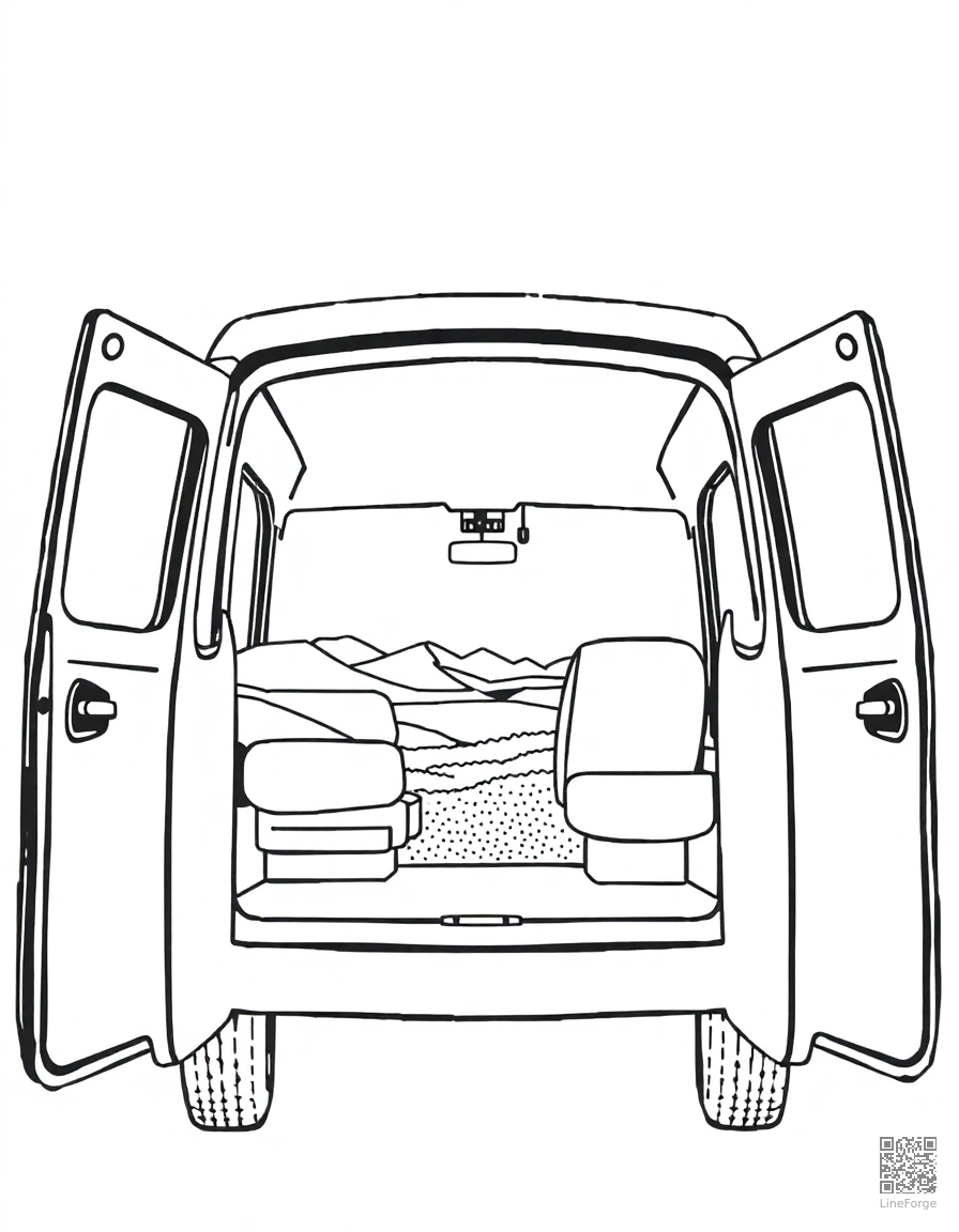 Free van life scene with open van doors and view coloring page in stipple style — printable line art