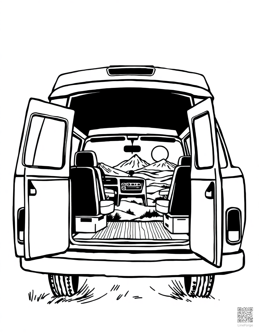 van life scene with open van doors and view coloring page Woodcut style - free printable