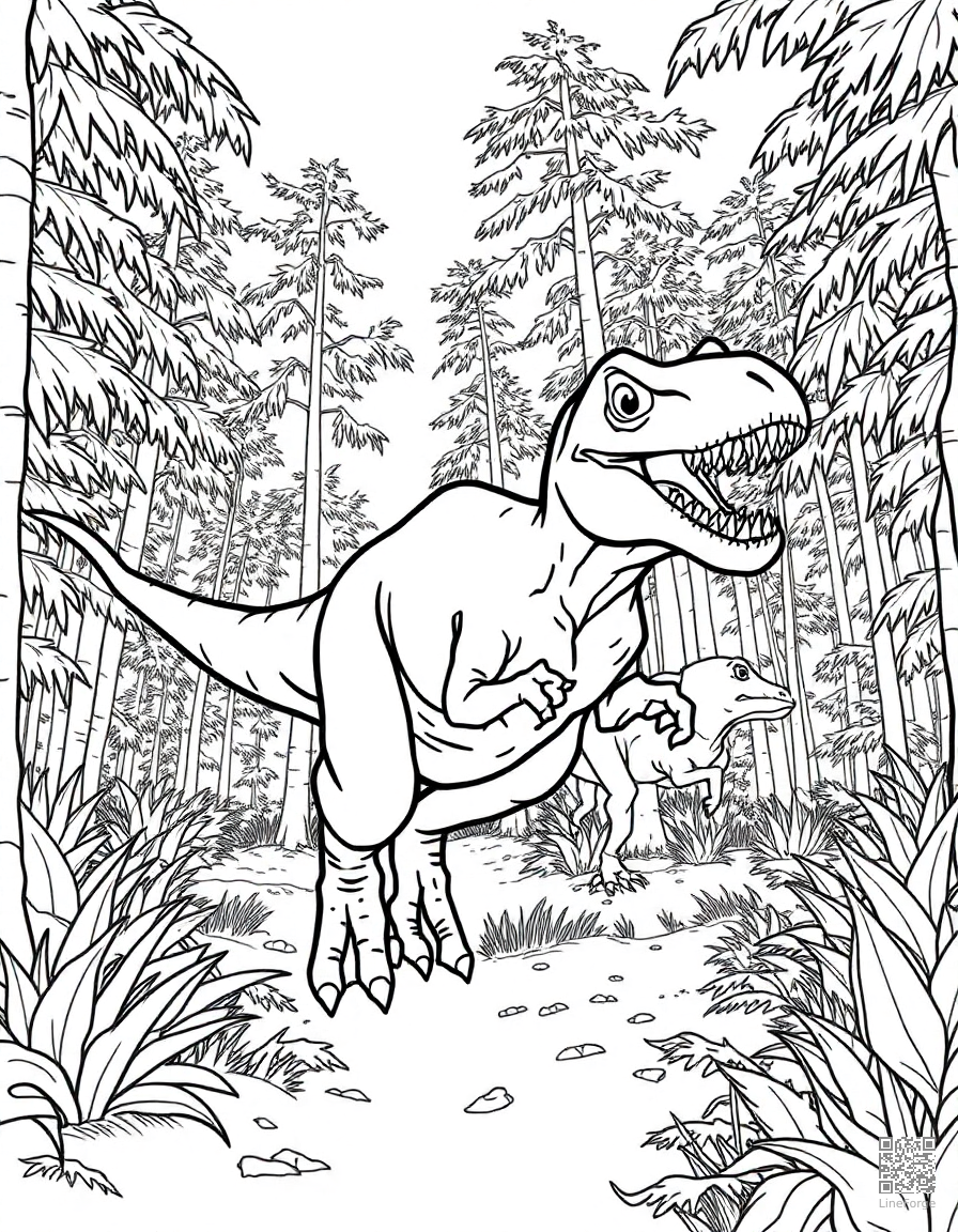 velociraptor hunting in a pack through dense forest coloring page Contour style - free printable