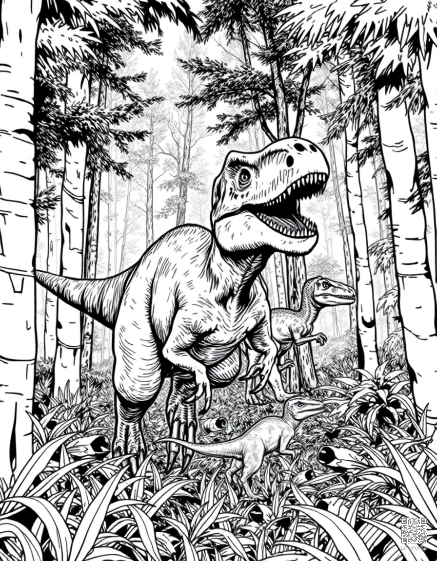 velociraptor hunting in a pack through dense forest coloring page Crosshatch style - free printable