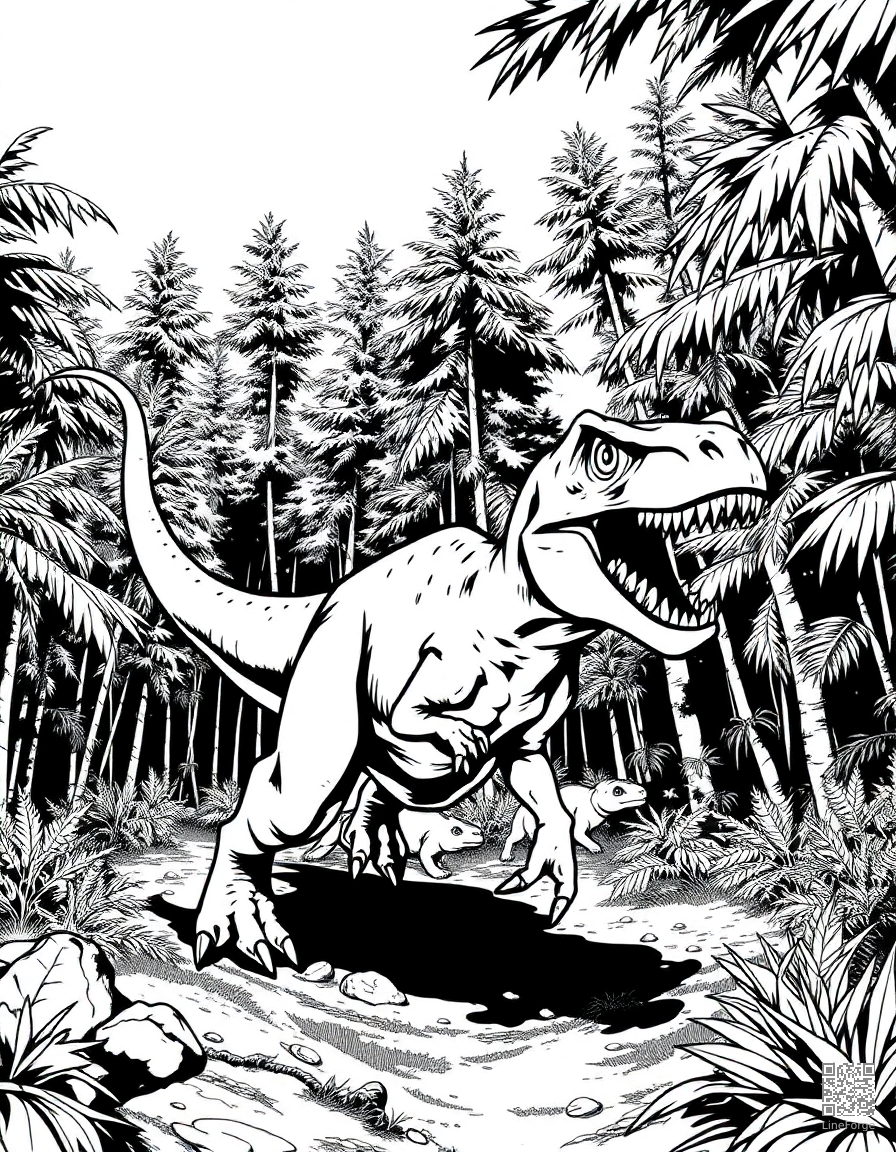 velociraptor hunting in a pack through dense forest coloring page Manga style - free printable