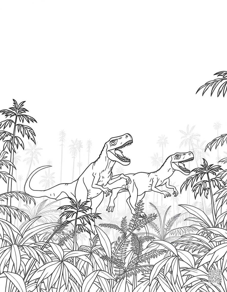velociraptor hunting in a pack through dense forest coloring page Minimal style - free printable