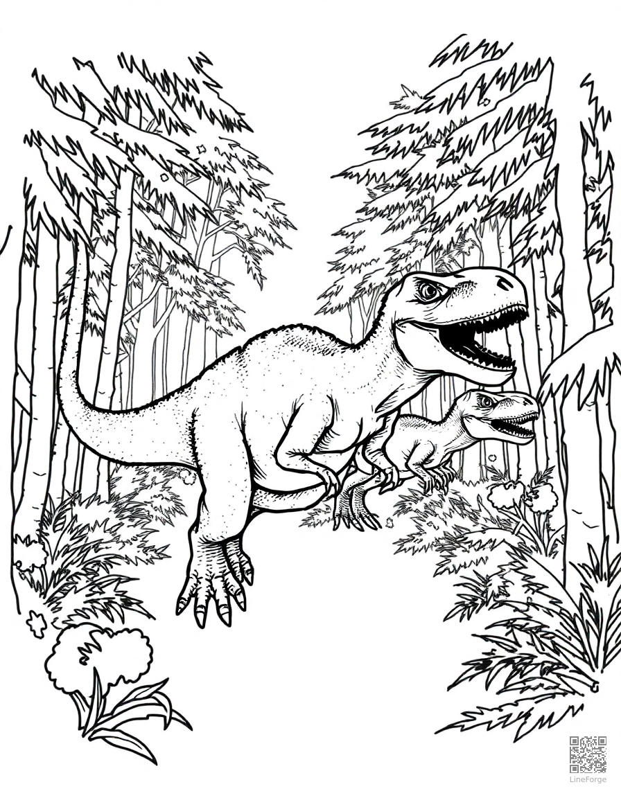 velociraptor hunting in a pack through dense forest coloring page Stipple style - free printable