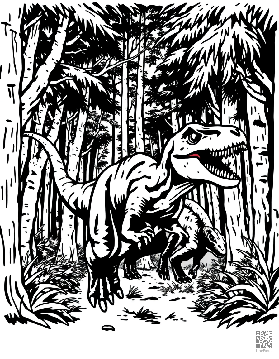 velociraptor hunting in a pack through dense forest coloring page Woodcut style - free printable