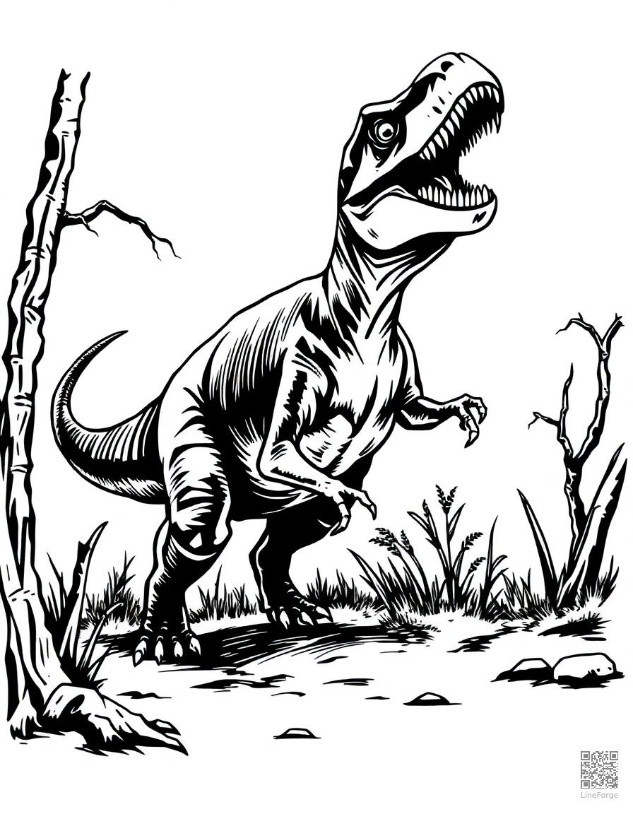 Velociraptor hunting coloring page Woodcut style - free printable