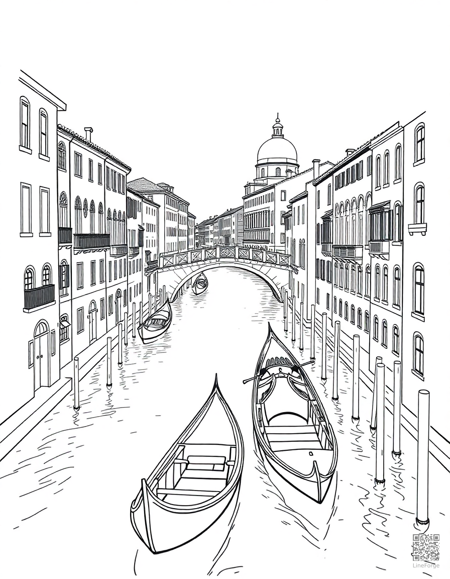 Free venice canals with gondolas and bridges coloring page in contour style — printable line art
