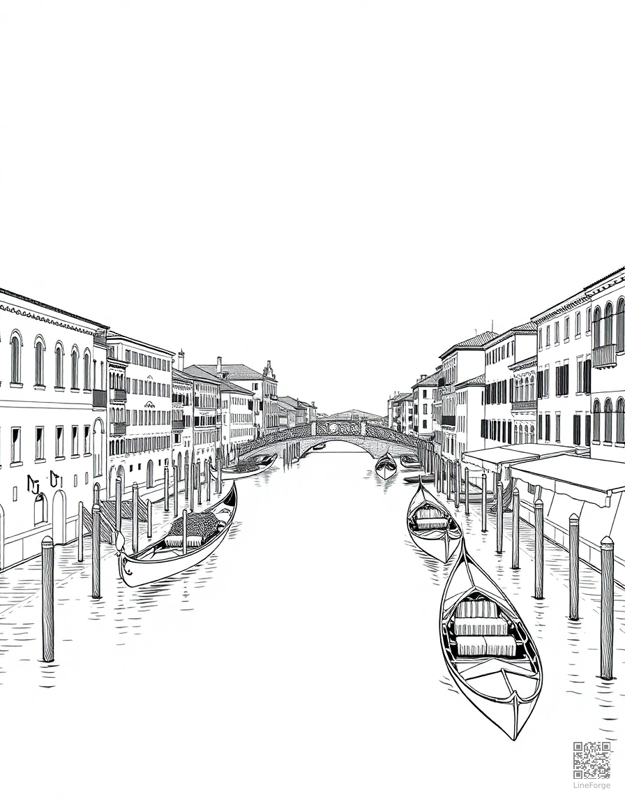 Free venice canals with gondolas and bridges coloring page in crosshatch style — printable line art