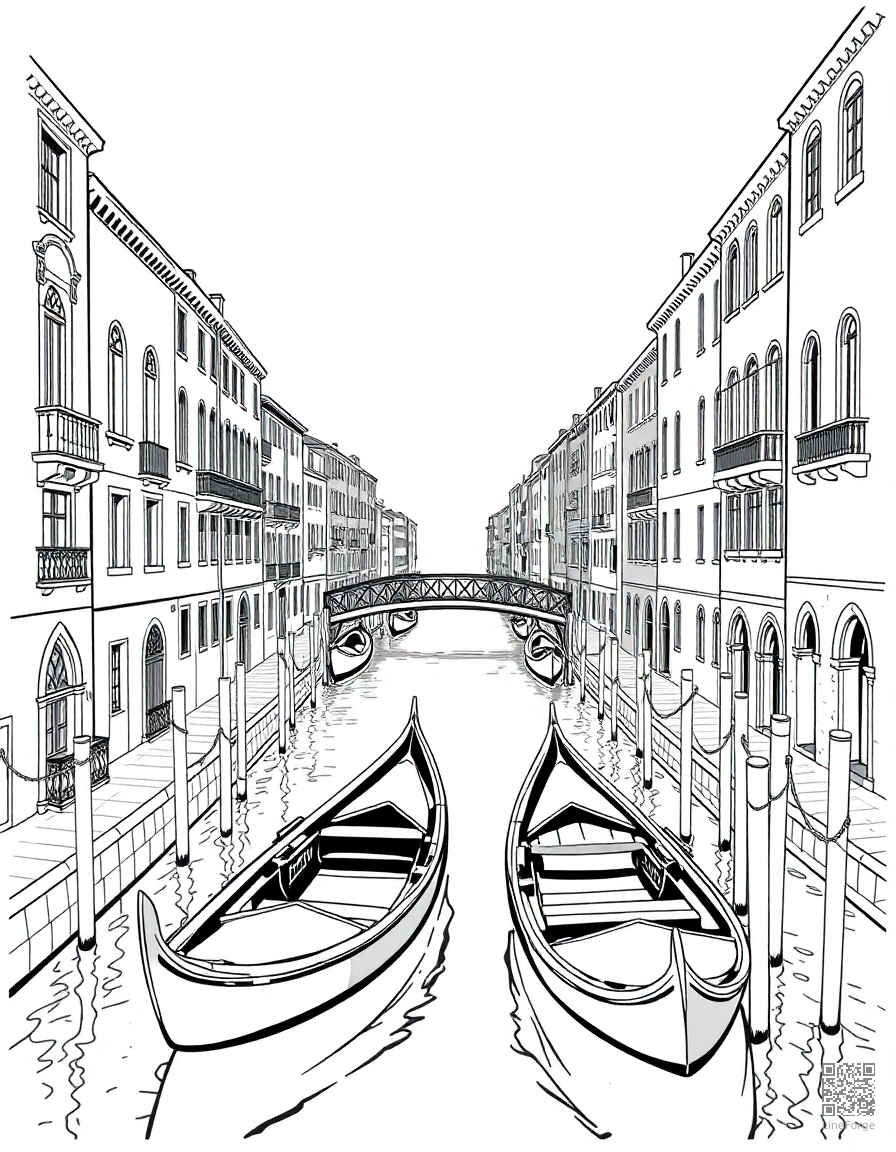 Free venice canals with gondolas and bridges coloring page in manga style — printable line art