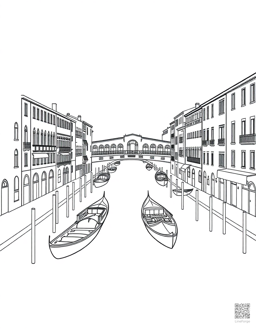 Free venice canals with gondolas and bridges coloring page in minimal style — printable line art