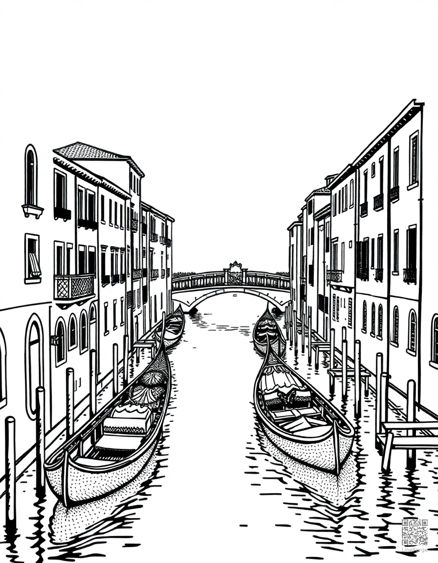 venice canals with gondolas and bridges coloring page Stipple style free printable