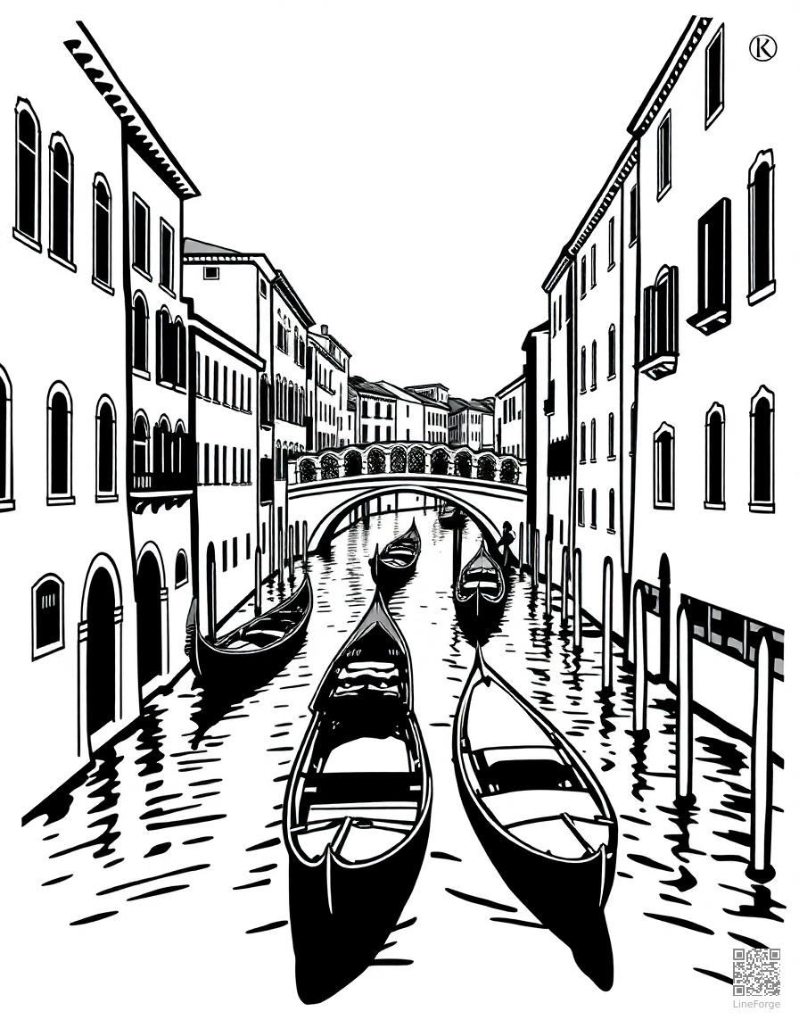 Free venice canals with gondolas and bridges coloring page in woodcut style — printable line art