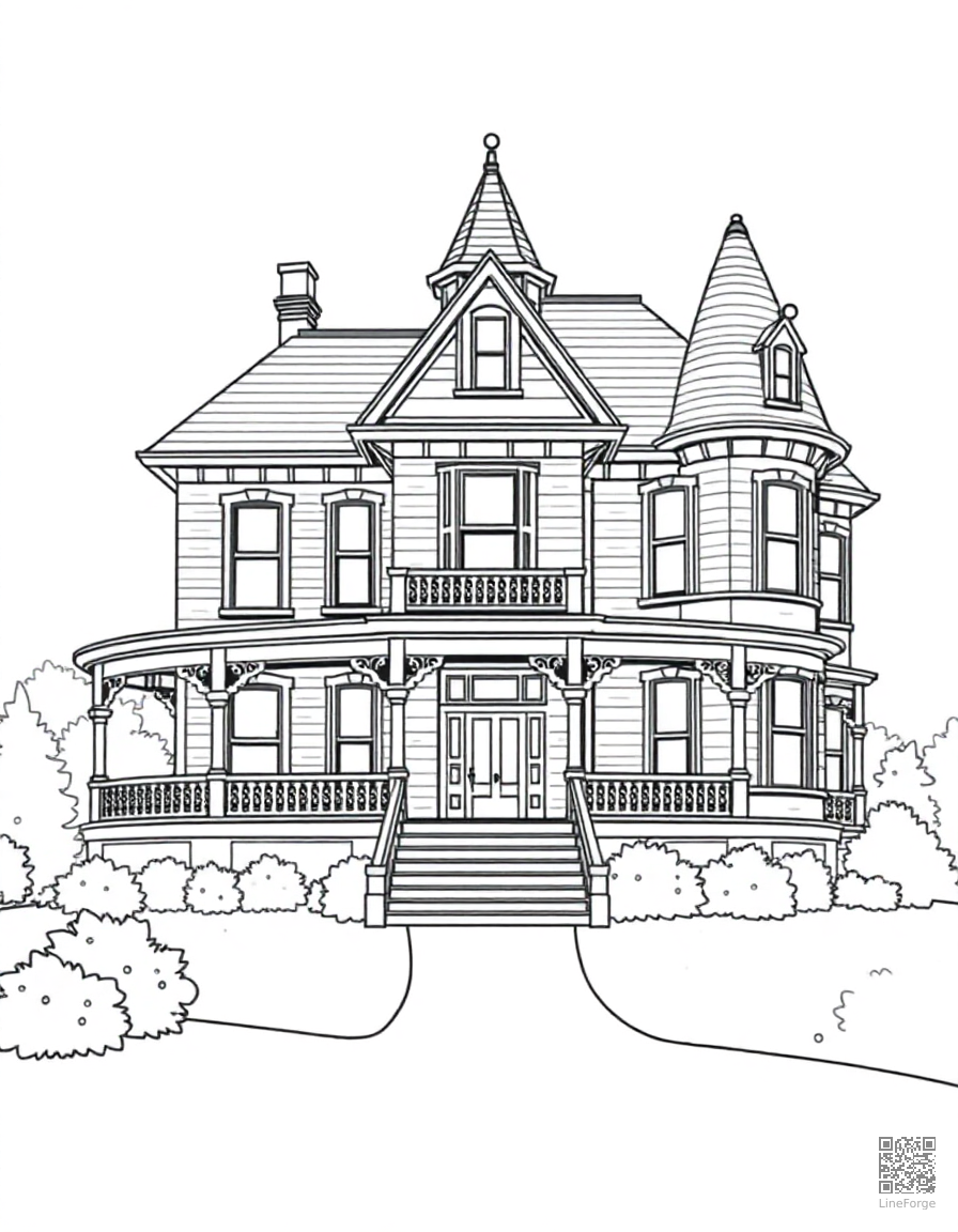 Victorian mansion with a wraparound porch coloring page Contour style - free printable