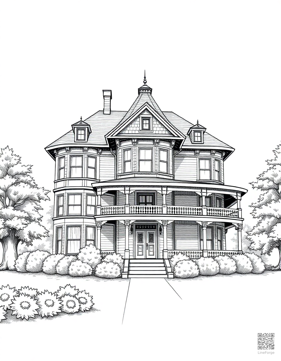 Victorian mansion with a wraparound porch coloring page Crosshatch style - free printable