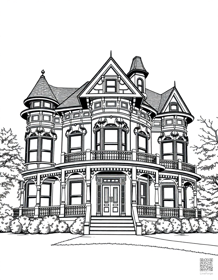 Victorian mansion with a wraparound porch coloring page Manga style - free printable