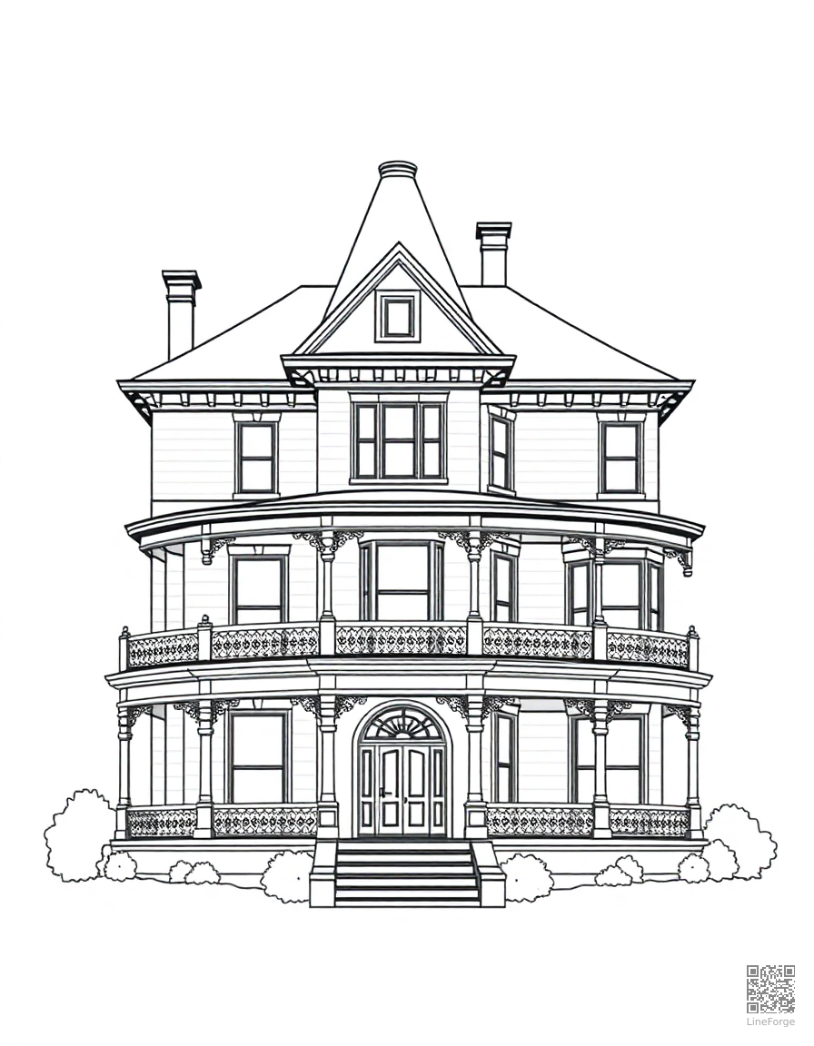 Victorian mansion with a wraparound porch coloring page Minimal style - free printable