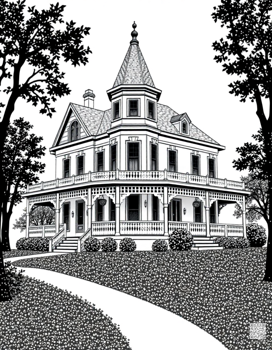 Victorian mansion with a wraparound porch coloring page Stipple style - free printable