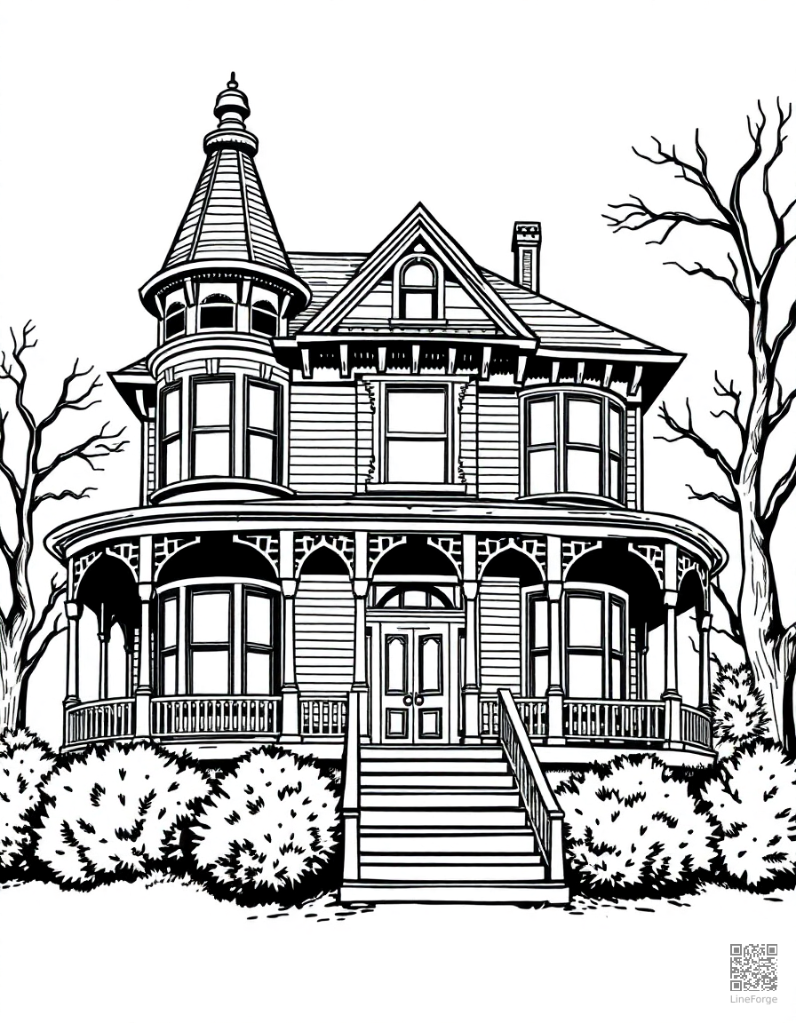 Victorian mansion with a wraparound porch coloring page Woodcut style - free printable