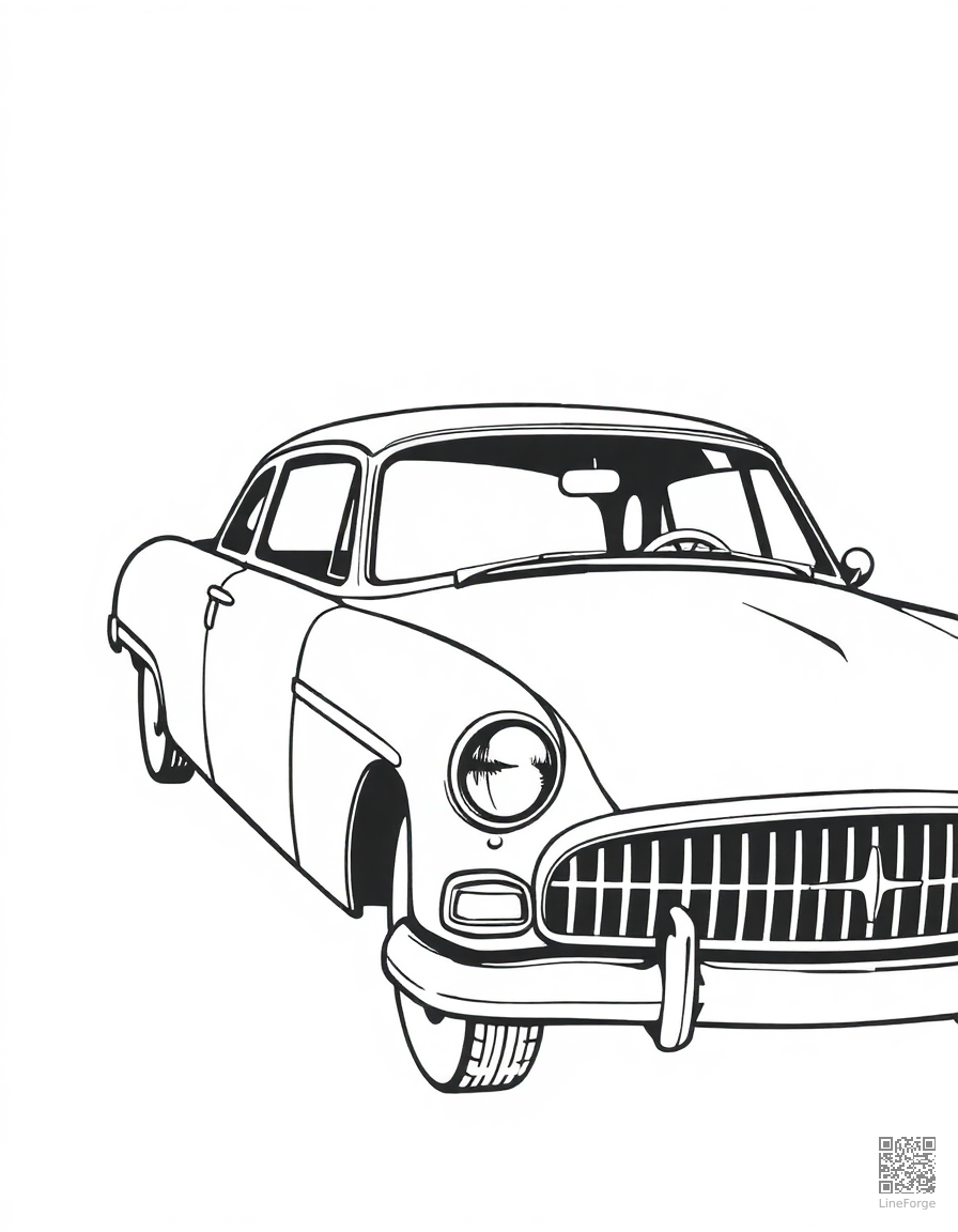 Free vintage car from the 1950s coloring page in woodcut style — printable line art
