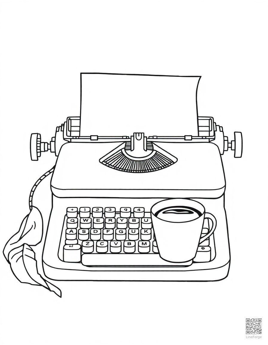 vintage typewriter with paper and coffee coloring page Contour style - free printable