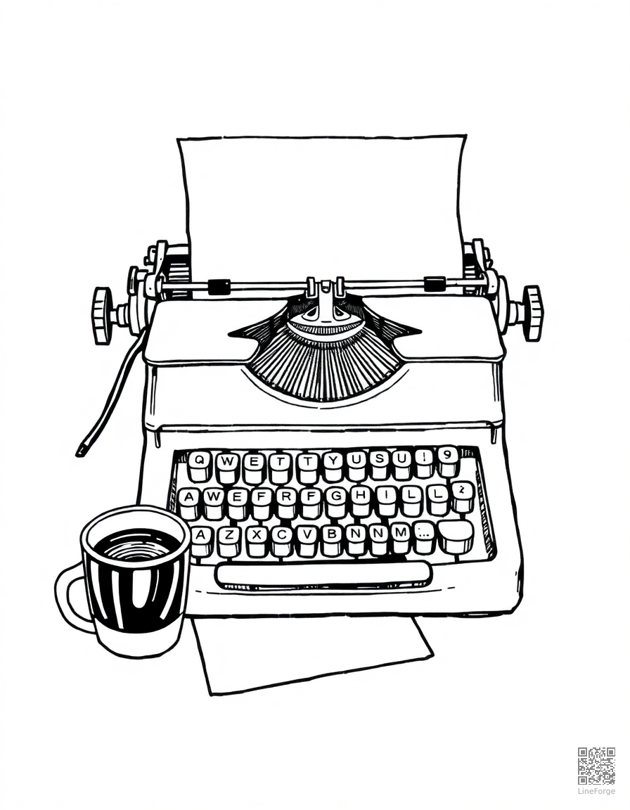 vintage typewriter with paper and coffee coloring page Crosshatch style - free printable