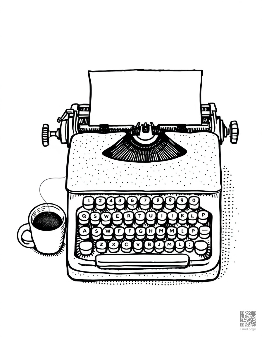 vintage typewriter with paper and coffee coloring page Stipple style - free printable
