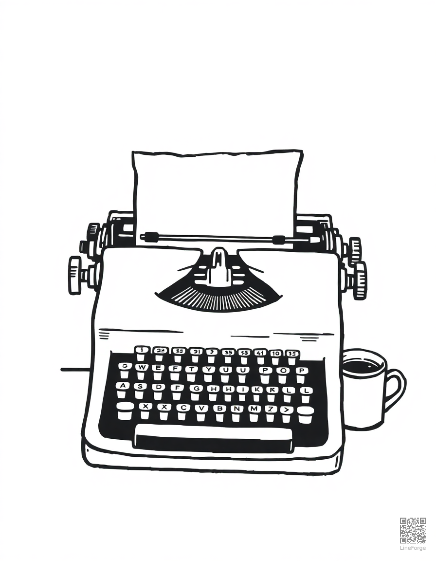 vintage typewriter with paper and coffee coloring page Woodcut style - free printable