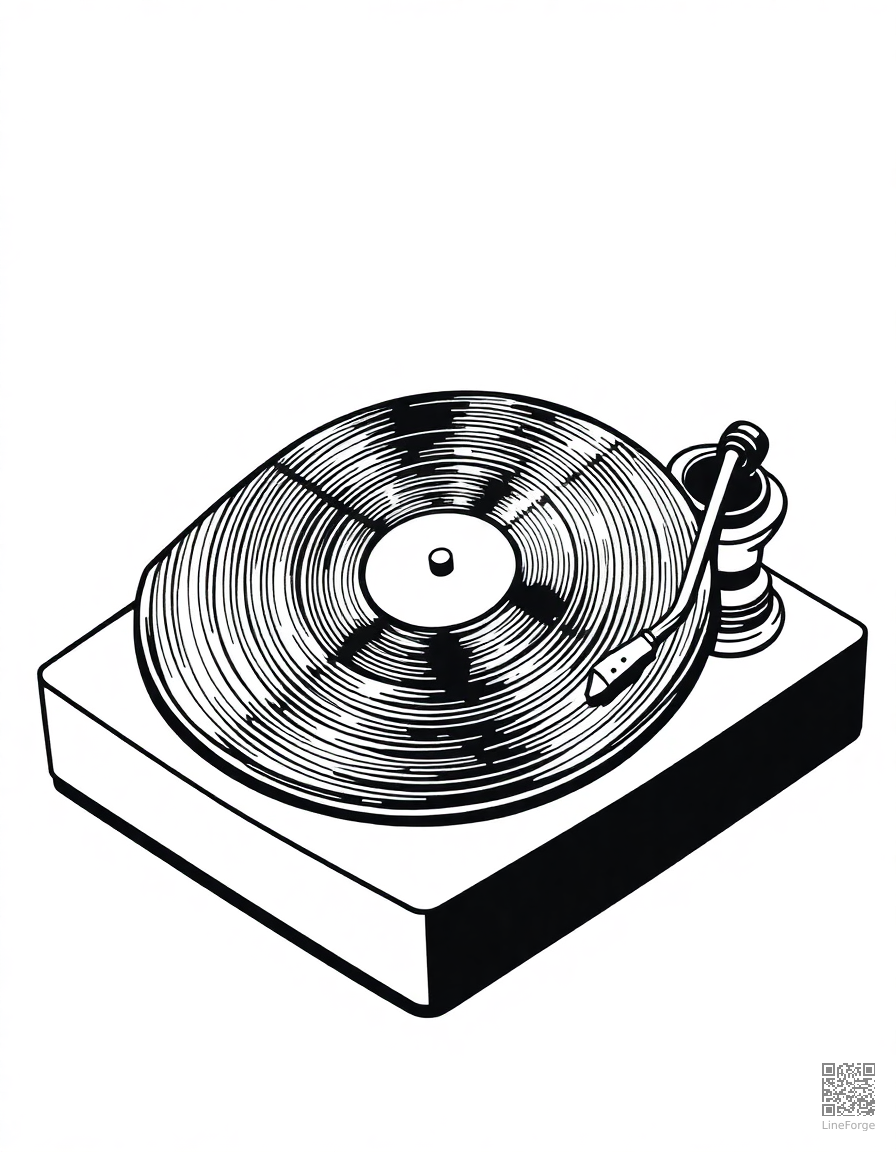 vinyl record player spinning coloring page Crosshatch style - free printable