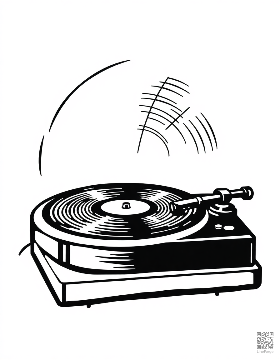 vinyl record player spinning coloring page Woodcut style - free printable