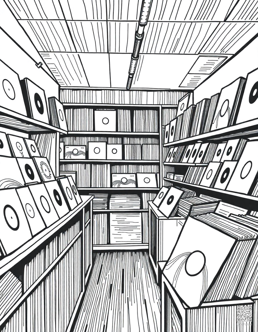 vinyl record store with shelves of albums coloring page Crosshatch style - free printable
