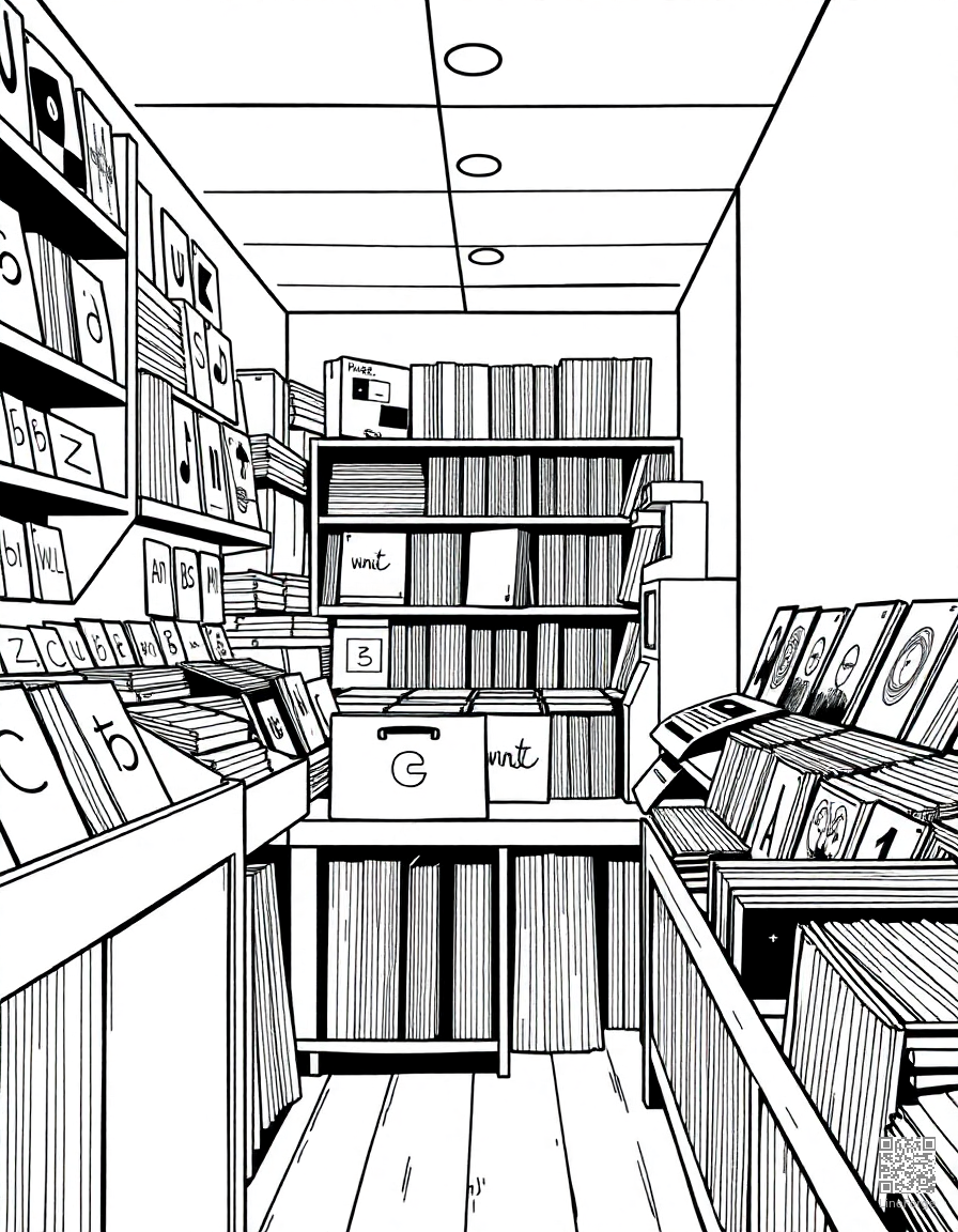 vinyl record store with shelves of albums coloring page Manga style - free printable