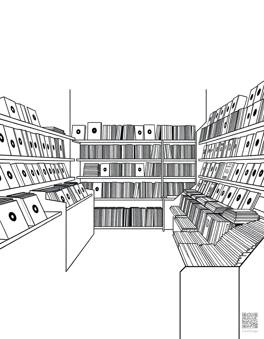 vinyl record store with shelves of albums coloring page Minimal style - free printable