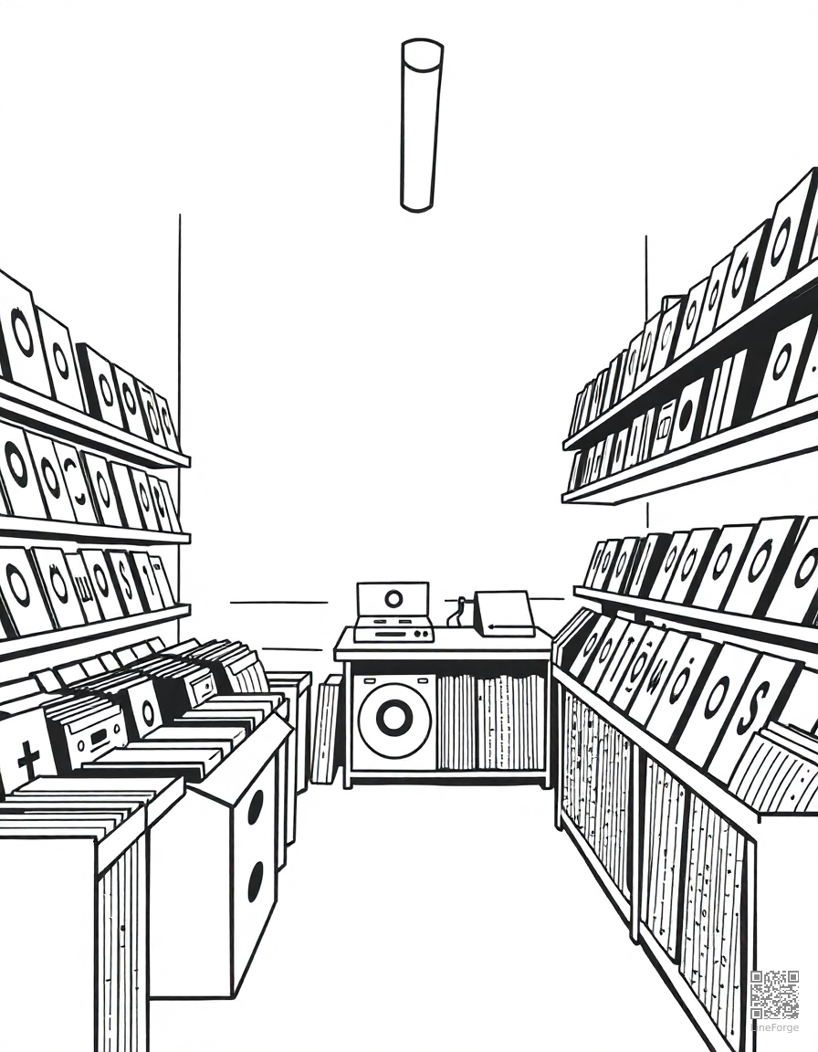 vinyl record store with shelves of albums coloring page Stipple style - free printable
