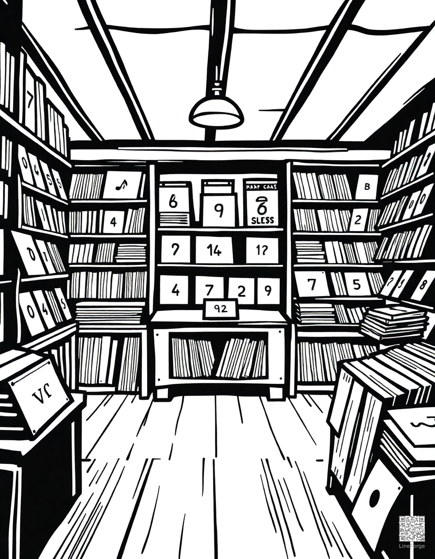 vinyl record store with shelves of albums coloring page Woodcut style - free printable